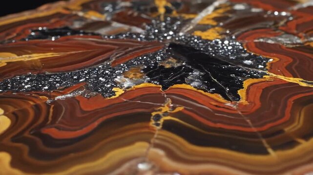 Detailed close-up of a polished geological cross-section with vibrant banded patterns and a dark crystalline center.