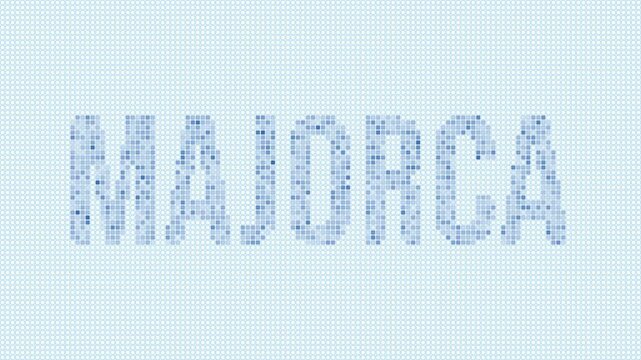 Majorca dotted map animation. Digital style shape of the island. Majorca shape and title blue dots appear with flickering effect. Spain. Modern Intro, outro, title, logo video.
