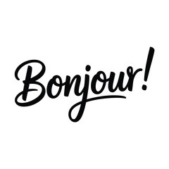 A stylish black cursive inscription of bonjour against a white backdrop © MDMINTU