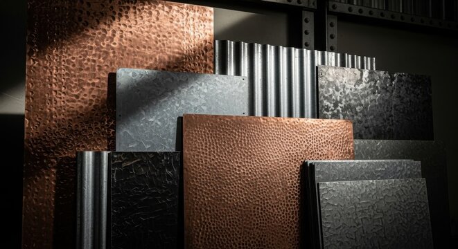Array of hammered copper and corrugated metal sheets showcasing diverse industrial material textures