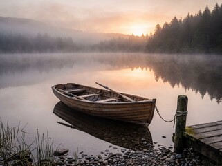Obraz premium Quiet Departure: Rowboat on a Misty Morning Lake