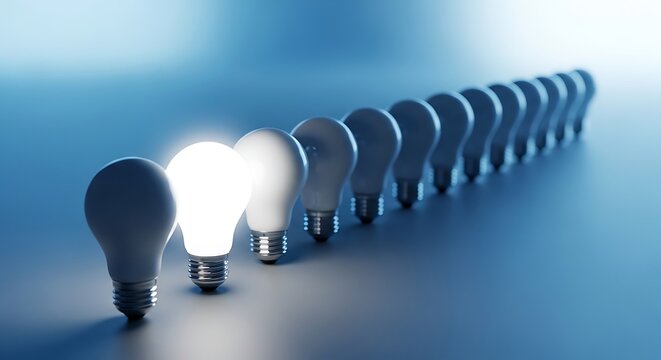 A glowing light bulb standing out from a row of unlit bulbs on blue background