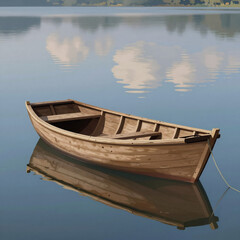 Obraz premium Dark Fantasy Boat Daylight. A Flat Illustration Showcases A Tranquil Wooden Boat On A Mirrored Blue Lake With Cloud Reflections
