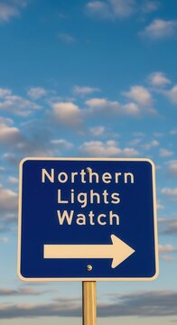 Northern Lights Watch Sign Pointing Toward Adventure Under Expansive Sky