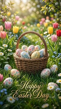 Whimsical Spring Easter Garden with Painted Eggs, Tulips, and Cherry Blossoms at Sunset