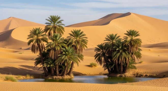 Oasis Palms Amidst Golden Desert Dunes Under Bright Sky