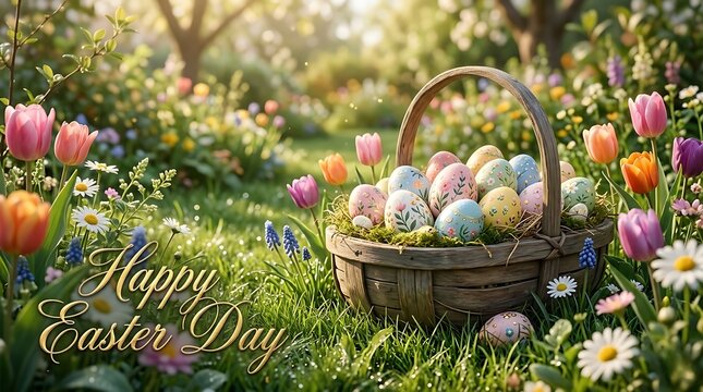 Whimsical Spring Easter Garden with Painted Eggs, Tulips, and Cherry Blossoms at Sunset