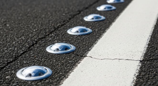 Road Reflectors Guiding Through The Darkness With A Bright White Line