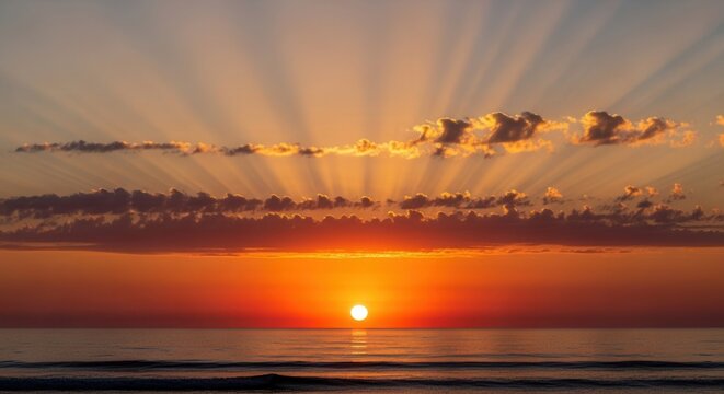 Ocean Sunrise With Dramatic Sun Rays Breaking Through Clouds