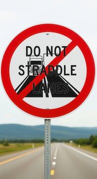 Road Safety Sign Prohibits Truck Lane Straddling With Highway Background