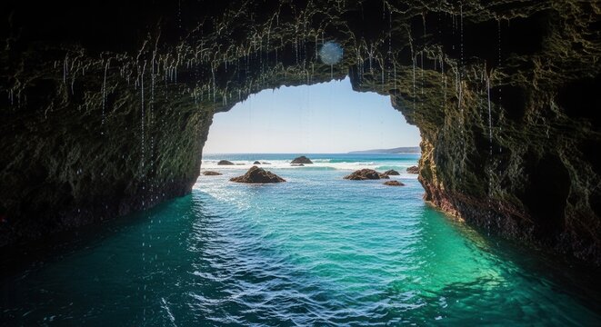 Ocean Vista From Dark Cave Entrance With Crystal Blue Water