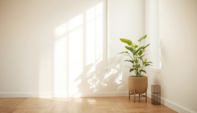 A tranquil corner with a potted plant bathed in soft daylight, perfect for calm presentations, peaceful retreats, or nature-inspired content.