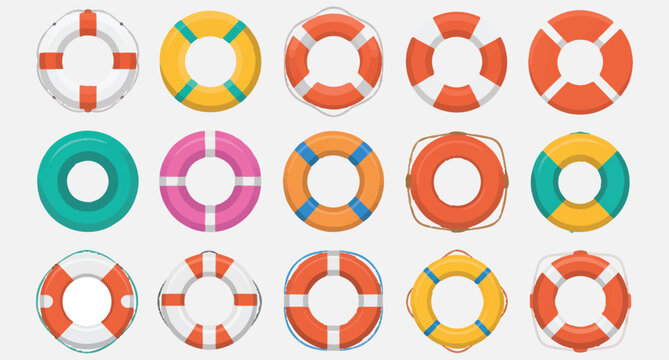  Collection of colorful life preservers and ring buoys in various designs