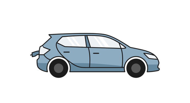 Flat vector illustration of a blue electric car charging on a white background