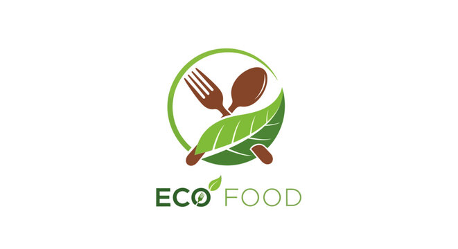 Eco food logo design with fork spoon and green leaf on white background
