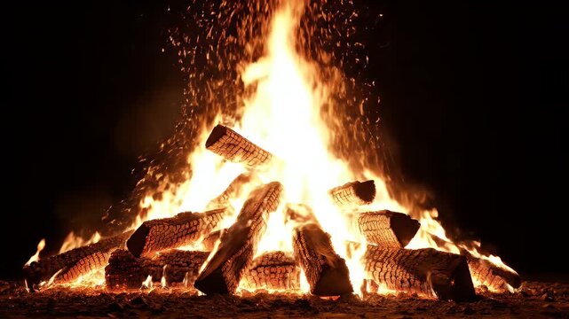 A blazing campfire with burning logs, flames, and sparks against a stark black backdrop