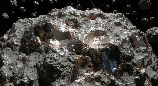 Textured surface of a silicon-rich asteroid with crystalline formations and rocky terrain in deep space