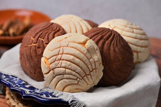 Close-up of chocolate and vanilla conchas on a blue and white ceramic plate