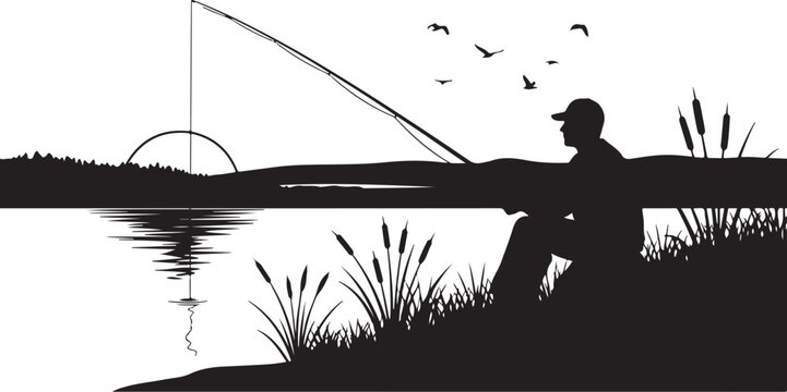 Man fishing by serene lake with birds flying overhead peacefully