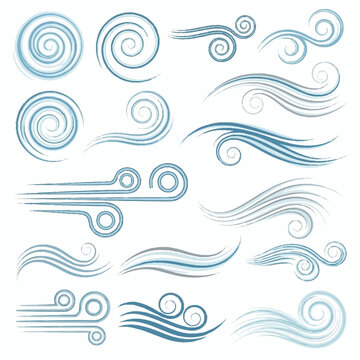 Stylized wind and air current swirl and wave vector elements.