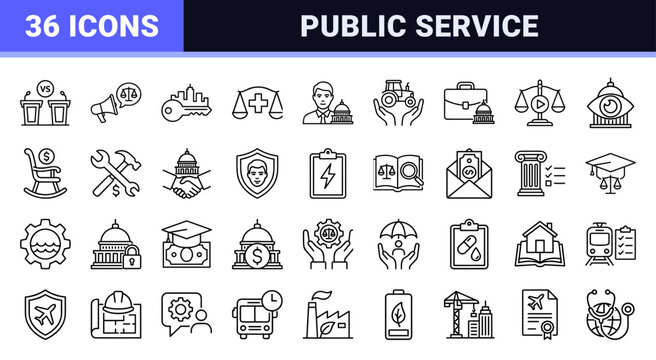 Public Administration and Governance Services Minimalist Monoline Outline Icon Set for Civil Law, Policy Making, and Urban Infrastructure.
