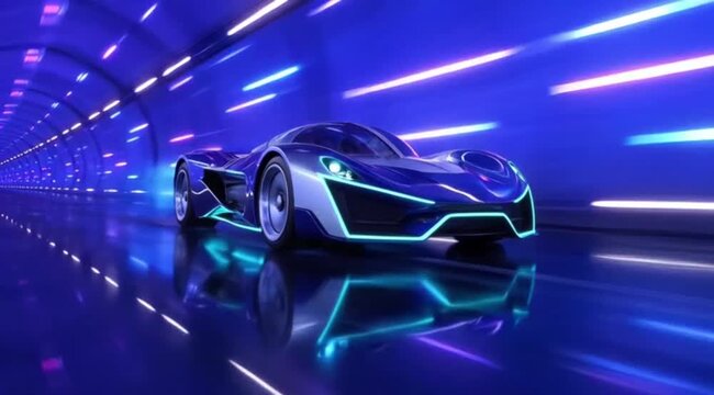 Stunning blue hypercar speeding through a vibrant, neon-lit digital tunnel with dynamic light trails