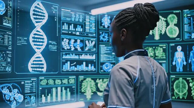scientist examining dna data wall in laboratory, black female researcher analyzing genetic information, biotech diagnostics, medical innovation and precision medicine concept