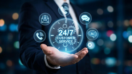 Fototapeta premium Businessman Holding 24/7 Customer Service Concept with AI Chatbot and Digital Support Icons