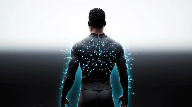side view of athletic man surrounded by glowing blue particles and digital aura, illustrating biometric scanning, body energy visualization and advanced human performance technology