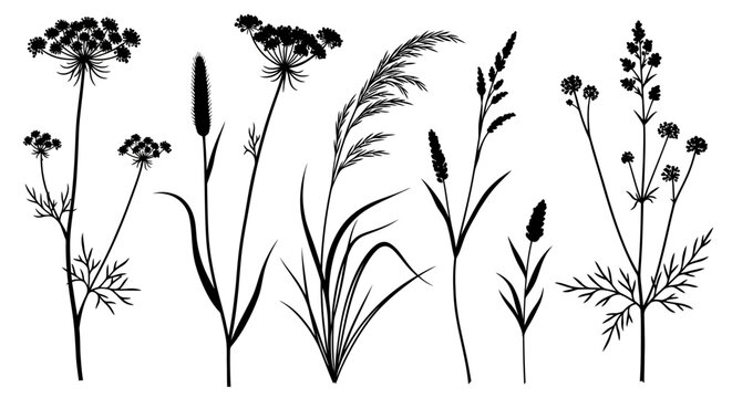 Set of Meadow Wildflower and Grass Silhouettes, Botanical Plant Elements Vector