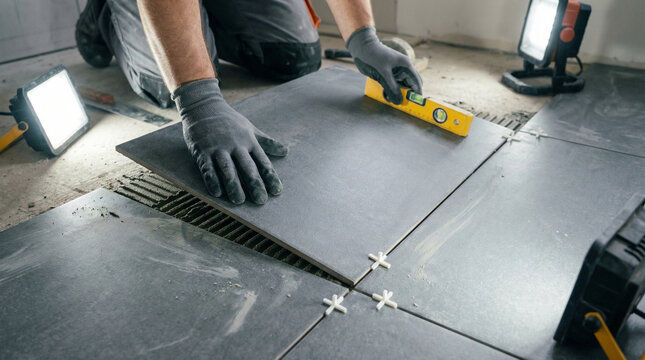 A man is laying tiles on a floor