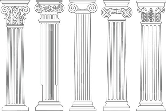 Ancient Greek and Roman column vector set, classical architecture pillars in Corinthian and Ionic styles line art