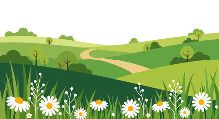 Fototapeta premium Flat Design Spring Landscape with Green Rolling Hills, Winding Path, and White Daisy Flowers in a Meadow