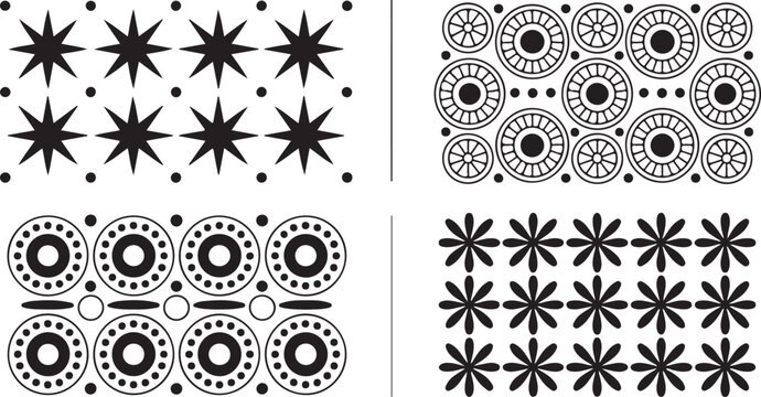 Black and white geometric patterns with stars circles and flowers for design and decoration purposes