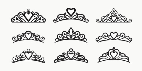 Collection of ornate tiaras and crowns in black and white designs © Titul