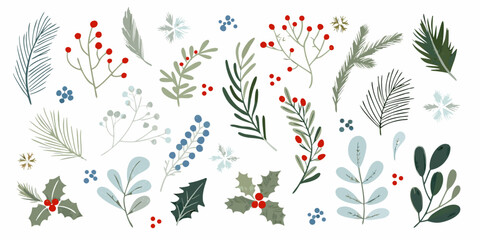 Stylized botanical illustration featuring various leaves berries and sprigs © Titul