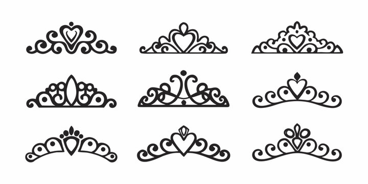Collection of ornate black crowns and tiaras in various designs
