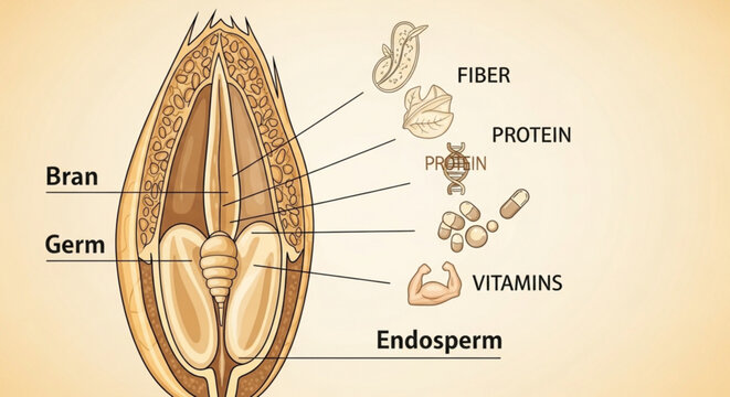 Detailed diagram of a grain kernel showing bran germ endosperm fiber protein and vitamins