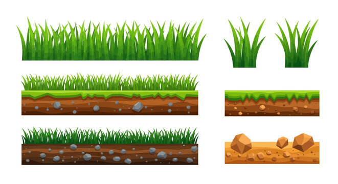 Vector Game Assets Set of Grass and Soil Ground Layers with Rocks and Cross Sections