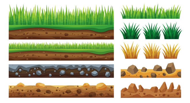 Game Terrain Assets: Cartoon Ground Layers, Soil Cross Sections, and Grass Tufts for 2D Level Design
