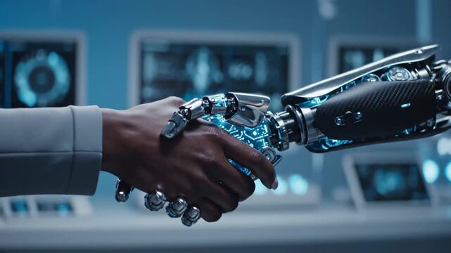 Synergy between human hand and advanced bionic prosthetic arm with luminous blue circuitry showcasing futuristic artificial intelligence collaboration and medical engineering innovation