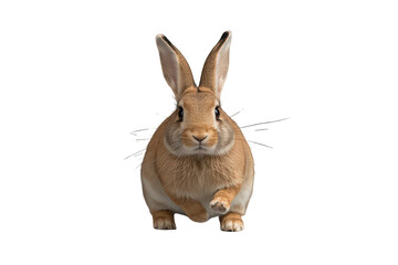 Obraz premium Brown rabbit standing, looking directly at camera, front paw lifted, moving forward on a checkered background