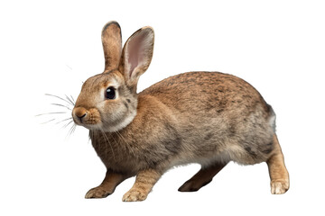 Obraz premium Brown rabbit standing, facing left with alert expression, having fluffy fur and long ears, transparent background