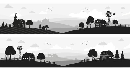Rustic Farm Landscape Silhouettes in Black and White, Rural Countryside Panoramic Banners with Barns and Windmills © aul