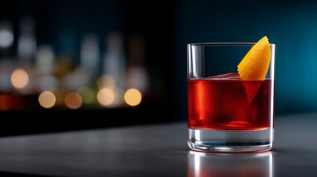 Negroni cocktail in a rocks glass with twisted orange peel on rim, moody bar lighting, warm holiday tones, elegant mixology drink concept, detailed closeup on amber liquid
