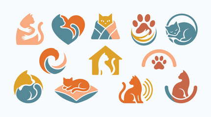 Collection of stylized cat logos and icons, featuring various poses and symbols related to felines and animal care. © tr