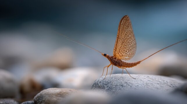 Delicate mayfly insect with intricate wings rests on a wet river stone in natural outdoor environment