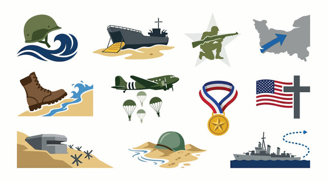 Collection of D-Day invasion symbols including landing crafts, soldiers, paratroopers, military vehicles, and a map of Normandy.