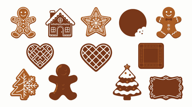 A collection of festive gingerbread cookies in various shapes including gingerbread men, houses, trees, hearts, and stars, decorated with white icing.