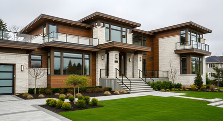 Fototapeta premium A modern house with a well-manicured lawn and driveway, featuring large windows and balconies on a cloudy day, showcasing architecture and landscape.